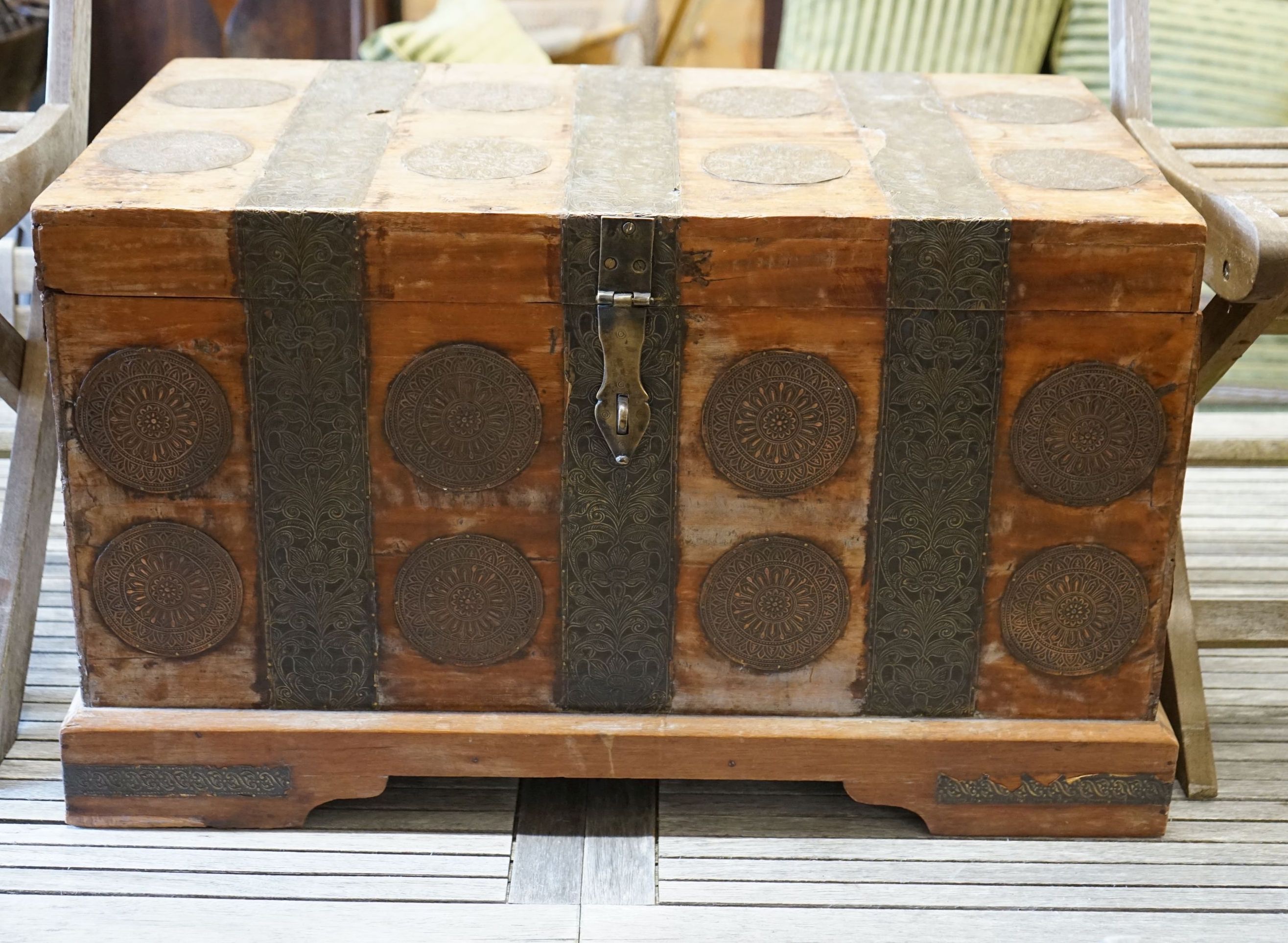 An Indian hardwood and embossed brass trunk, width 76cm depth 44cm height 46cm